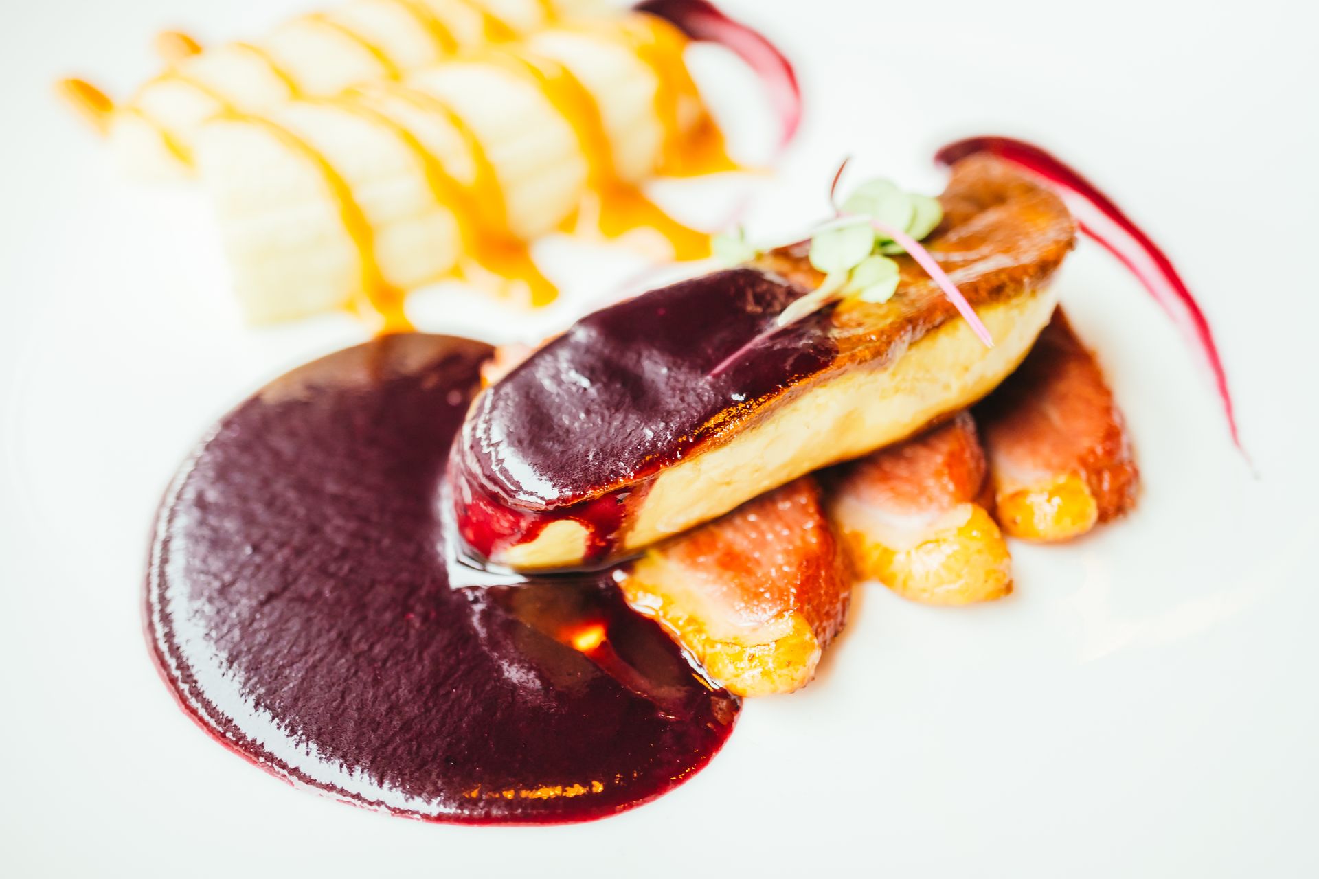 Seared Foie Gras & Duck Breast with Blueberry Mustard Sauce